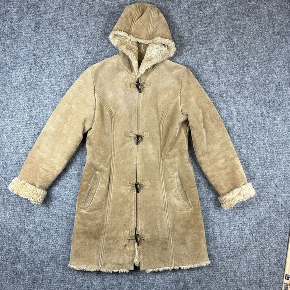 Wilsons Leather Jackets & Blazers - Wilson Leather Suede Sherpa Coat Small Tan Hooded Horn Shaped Toggle Buttons